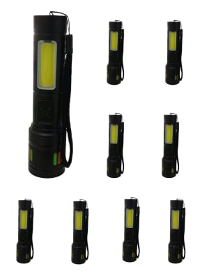 270124-0 PACK 10 UNID LINTERNA METAL DE BOLSILLO FULL BRILLO LUZ BCA FLONTAL LUZ ROJA LATERAL 14CM