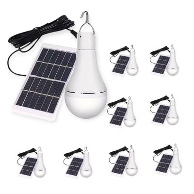 270124-7  PACK 10 UNID AMPOLLETA SOLAR Y RECARGABLE C/PANEL DESMONTABLE  CABLE 3.5M  10W LUZ BLANCA