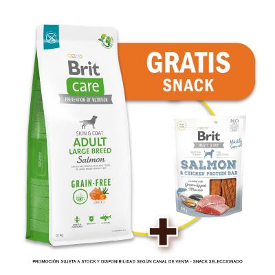 Pack Brit Care Grain - Free Adult Large Breed Salmon & potato 12 Kg + Snack Jerky Gratis