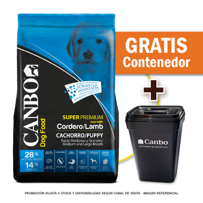 Pack Canbo Super Premiun Cachorro Cordero Razas Medianas y Grandes 15 Kg + Contenedor de Regalo