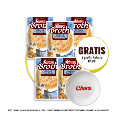 Pack Churu Broth chicken & tuna 50 Gr (5un) + Platito Sopero de regalo