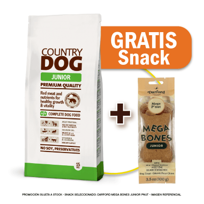Pack Country Dog Junior 15 kg + Snack Darford Junior Pnut 100g GRATIS