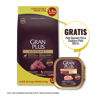 Gran Plus Gourmet perro adulto mediano a grande cordero y arroz 16.5 Kg + Pate Gourmet Cachorro Pollo 300 gr de regalo