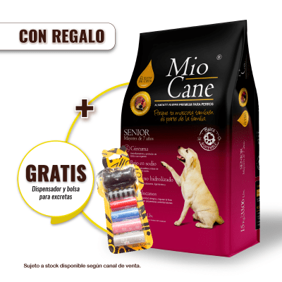 Pack Mio Cane Super Premium Senior 15 kg + Dispensador y Bolsas para Excretas Gratis