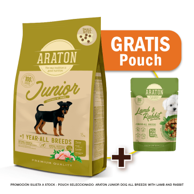Pack Araton dog Junior Small Bite pollo, pato y pavo 3 Kg + Pouch de Regalo