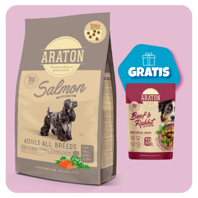 Promo Araton dog adulto Small Bites salmon 3 Kg + Pouch Beef and Rabbit de Regalo1