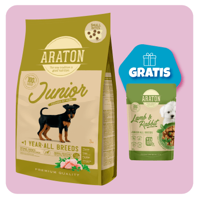 Promo Araton dog Junior Small Bite pollo, pato y pavo 3 Kg + Pouch de Regalo1
