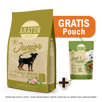 Pack Araton dog Junior All Breeds pollo, pato y pavo 3 Kg + Pouch de Regalo