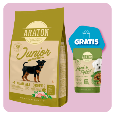 Promo Araton dog Junior All Breeds pollo, pato y pavo 3 Kg + Pouch Lamb and Rabbit de Regalo1