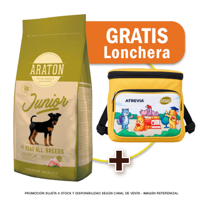 Pack Araton dog Junior All Breeds pollo, pato y pavo 15 Kg + Lonchera Gratis