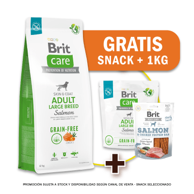 Pack Brit Care GF Adult Large Breed Salmon & potato 12 Kg + 1kg GRATIS + Snack