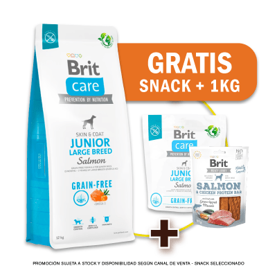 Pack Brit Care GF Junior Large Breed Salmon & Potato 12 Kg + 1kg GRATIS + Snack