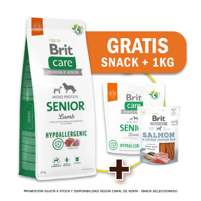 Pack Brit Care Senior Lamb & rice 12 Kg + 1kg GRATIS + Snack