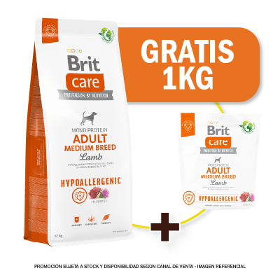 Pack Brit Care Adult Medium Lamb & rice Hypoallergenic 12 kg + 1kg GRATIS