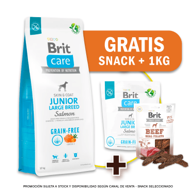 Pack Brit Care GF Junior Large Breed Salmon & Potato 12 Kg + 1kg GRATIS + Snack