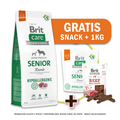 Pack Brit Care Senior Lamb & rice 12 Kg + 1kg GRATIS + Snack