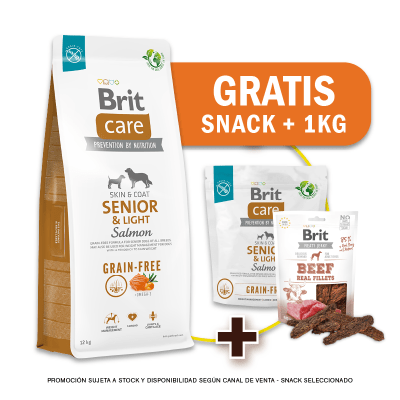 Pack Brit Care GF Senior & Light Salmon & Potato 12 Kg + 1kg GRATIS + Snack