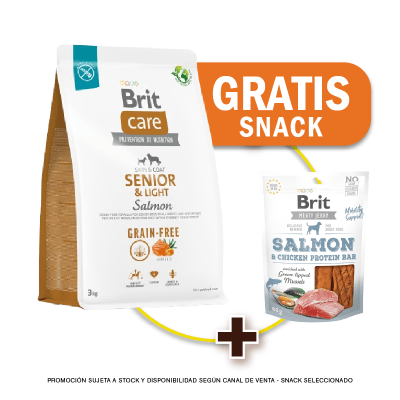 Pack Brit Care GF Senior & Light Salmon & Potato 3 Kg + Snack Jerky Gratis