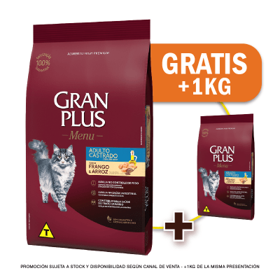Pack Gran Plus Gato adulto castrado pollo y arroz 10 Kg + 1 Kilo de Regalo