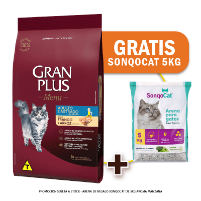 Pack Gran Plus Gato adulto castrado pollo y arroz 3 Kg + Arena de Regalo