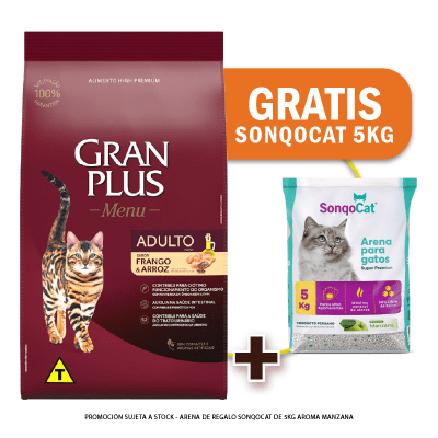 Pack Gran Plus gato adulto pollo y arroz 3 Kg + Arena de Regalo