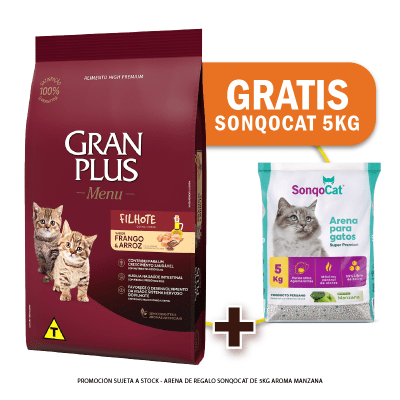 Pack Gran Plus Gato cachorro pollo y arroz 3 Kg + Arena de Regalo