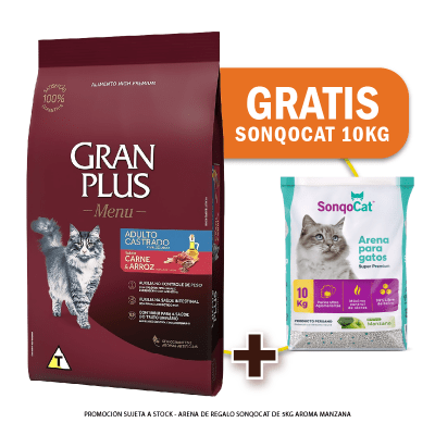 Pack Gran Plus Gato adulto castrado carne y arroz 10.1 Kg + Arena de Regalo