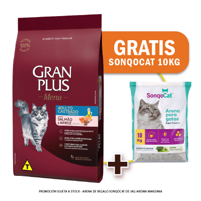 Pack Gran Plus Gato adulto castrado salmón y arroz 10 Kg + Arena de Regalo