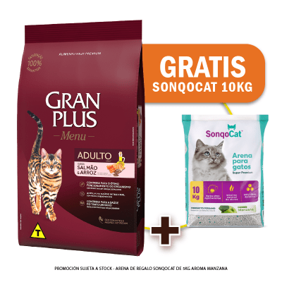 Pack Gran Plus Gato adulto salmón y arroz 10 Kg + Arena de Regalo