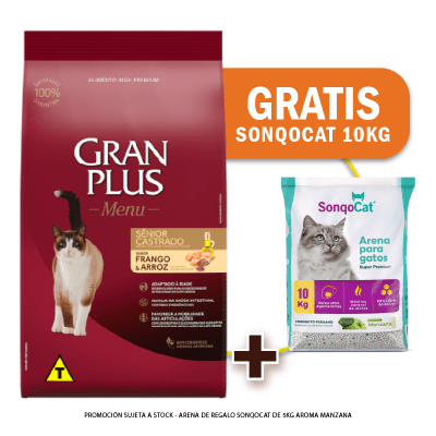 Pack Gran Plus Gato Senior castrado pollo y arroz 10 Kg + Arena de Regalo