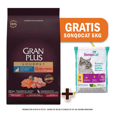 Pack Gran Plus Gourmet Gato adulto castrado Salmón y pollo 3 Kg + Arena de Regalo