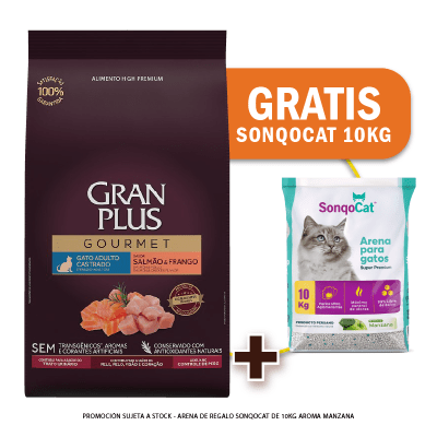 Gran Plus Gourmet Gato adulto castrado salmón y pollo 10 Kg + Arena de Regalo