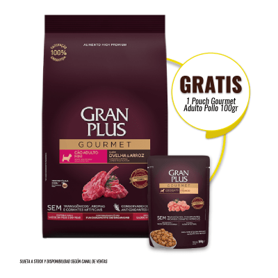Gran Plus Gourmet perro mini adulto cordero y arroz 3 Kg + Pouch Gourmet Adulto Pollo 100gr de Regalo