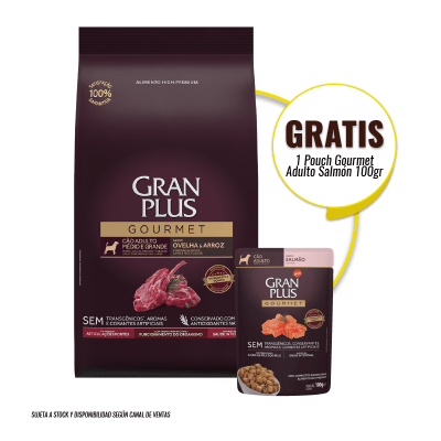 Gran Plus Gourmet perro adulto mediano a grande cordero y arroz 3 Kg + Pouch Gourmet Adulto Salmon de regalo