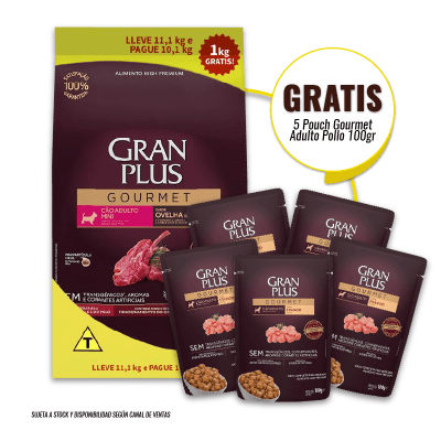 Gran Plus Gourmet perro mini adulto cordero y arroz 11 Kg + Pouch Gourmet Adulto Pollo 100gr de Regalo