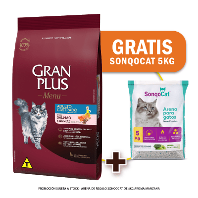 Gran Plus Gato adulto castrado salmón y arroz 3 Kg + Arena Sonqocat 5Kg de Regalo