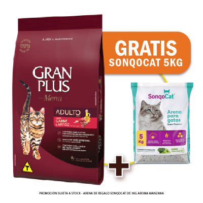 Pack Gran Plus Gato adulto carne y arroz 3 Kg + Arena de Regalo