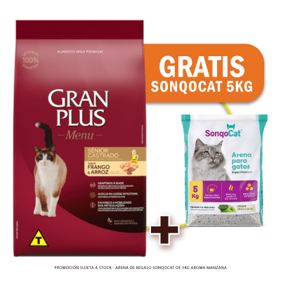 Pack Gran Plus Gato Senior castrado pollo y arroz + Arena de regalo
