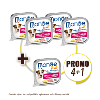Pack Monge Canine fruit cerdo y piña alutray 100 gr (4+1)
