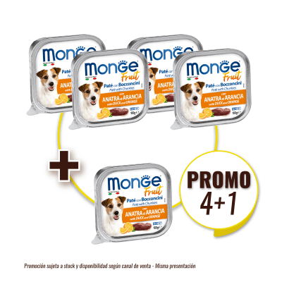 Pack Monge Canine fruit pato y naranja alutray 100 gr (4+1)