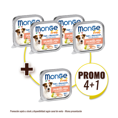 Pack Monge Canine fruit salmon y pera alutray 100 gr (4+1)