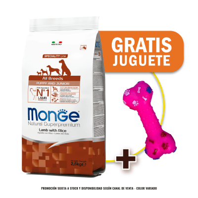 Pack Monge canine puppy cordero y arroz 2.5 Kg + Juguete de Regalo
