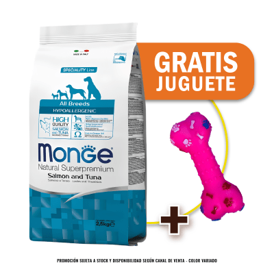Pack Monge Canine hypoallergenic salmon y atun 2.5 Kg + Juguete de Regalo