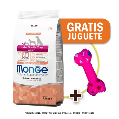 Pack Monge Canine adult extra small salmon y arroz 2.5 Kg + Juguete de Regalo