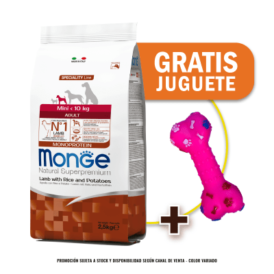 Pack Monge Canine adult mini cordero, arroz y papa 2.5 Kg + Juguete de Regalo