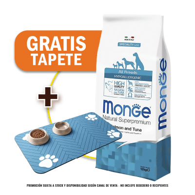 Pack Monge Canine hypoallergenic salmon y atun 12 Kg + Tapete de Regalo