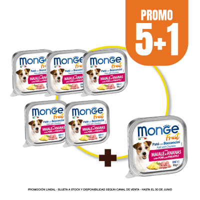Pack Monge Canine fruit cerdo y piña alutray 100 gr (5+1)