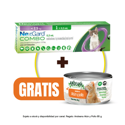 Pack NexGard Combo Pipeta para Gato de hasta 2.5 kg + Andeana Atún y pollo de Regalo