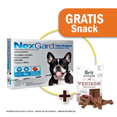 Pack Nexgard para perros de 4.1 - 10 kg de peso contiene 3 unidades + Snack Jerky Venison Gratis