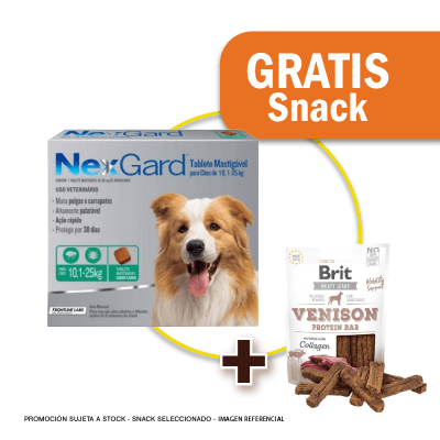 Pack Nexgard para perros de 10.1 - 25 kg de peso contiene 3 unidades + Snack Jerky Venison Gratis